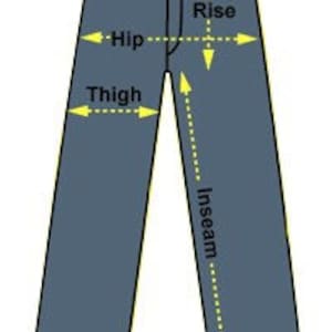 May include: Diagram showing the measurements of a pair of pants, including the waist, rise, hip, thigh, inseam, and cuff.