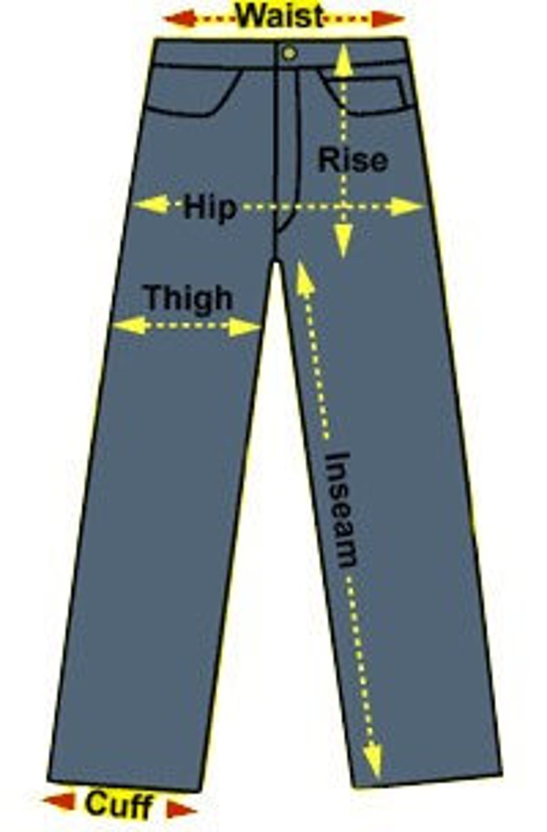 May include: Diagram showing the measurements of a pair of pants, including the waist, rise, hip, thigh, inseam, and cuff.