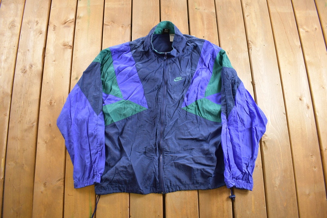 Vintage 1990s Nike Embroidered Windbreaker Jacket Mini Swoosh Spring Summer Sportswear Color Block Athleisure 90s Nike