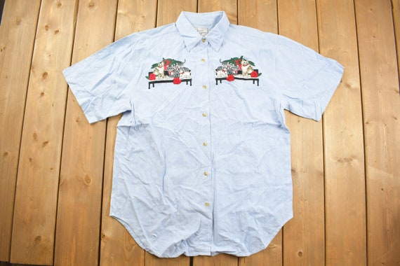 Vintage 1990s Cute Embroidered Cats Button Up Shi… - image 1