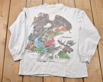 Vintage 1990s Animals Manitoba Hanes Beefy Longsleeve T-Shirt / 90s T-Shirt / Streetwear / Wolf / Single Stitch