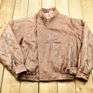 Vintage 1990s Leather Bomber Jacket / Brown Biker Jacket / 80s / 90s / Streetwear / Made In Italy / All Over Graphic