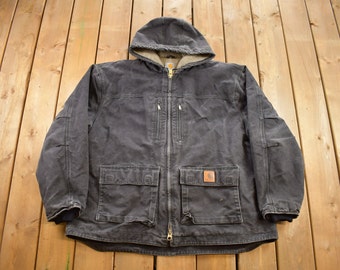Vintage Faded Carhartt J03 NVY Hooded Canvas Work Jacket Fits 2XL