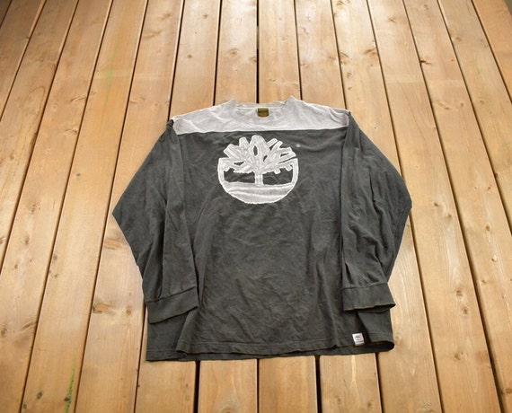 Timberland, Vintage 1990s Timberland Embroidered Long-Sleeve T-Shirt 90s Crewneck / Color Block / Streetwear / Heavy Weight / Two Tone