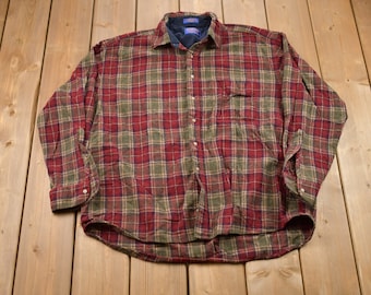 Vintage 1990s Pendleton Plaid Button Up Board Shirt / 100% Virgin Wool / Loop Button / Outdoor / Casual Wear / Made In USA / Flannel