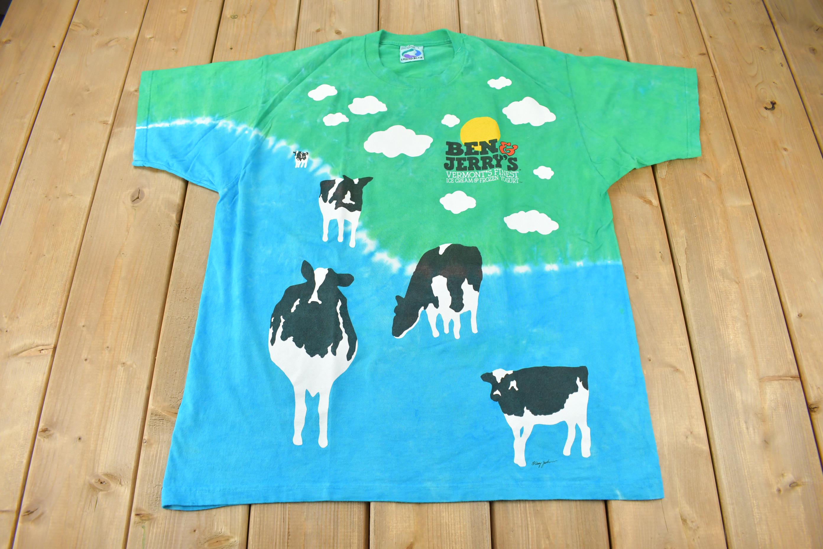Vintage 1990s Ben & Jerrys Ice Cream All Over Print Liquid Blue T