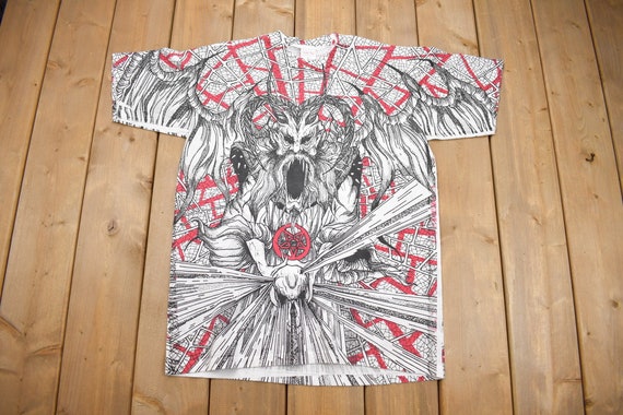 Vintage 1990s Morbid Rags Demon Graphic All Over Print T-shirt 