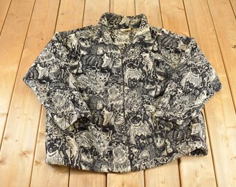 Vintage 1990er Jahre Black Mountain AOP Katzengesicht Fleecepullover Damen 2XL / Outdoorsman / 90er Jahre Outdoorsman Sweater / Fleece Wandern Zip up