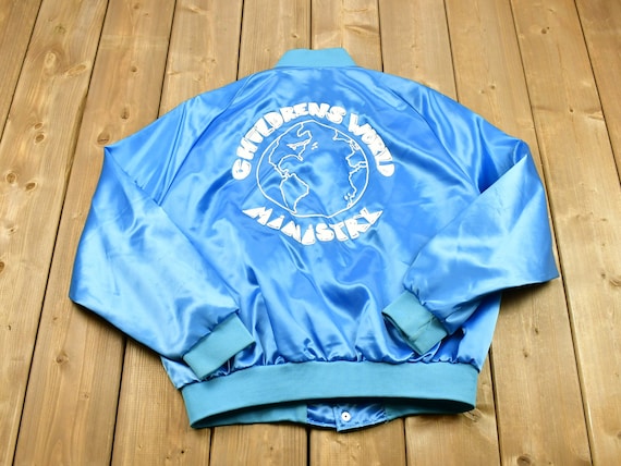 Vintage 1980s Children's World Ministry Snap Button Satin Bomber Jacket / 80s / Fall Winter Jacket / Streetwear / Globe / Made In USA
