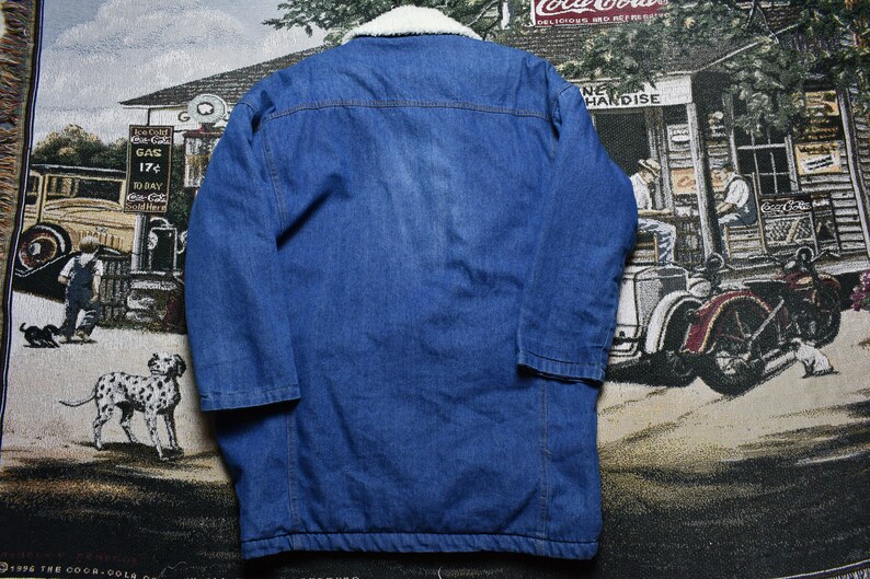 Vintage Denim Sherpa Lined Overcoat Jacket Formal Dress Winter Wear Workwear Streetwear
