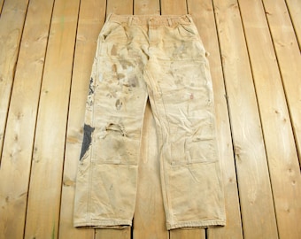 Vintage 1990s Carhartt Paint Distressed Double Knee Denim Work Jeans Adult 34 x 29 / 90s Carpenter Pants / Vintage Workwear / Made in USA