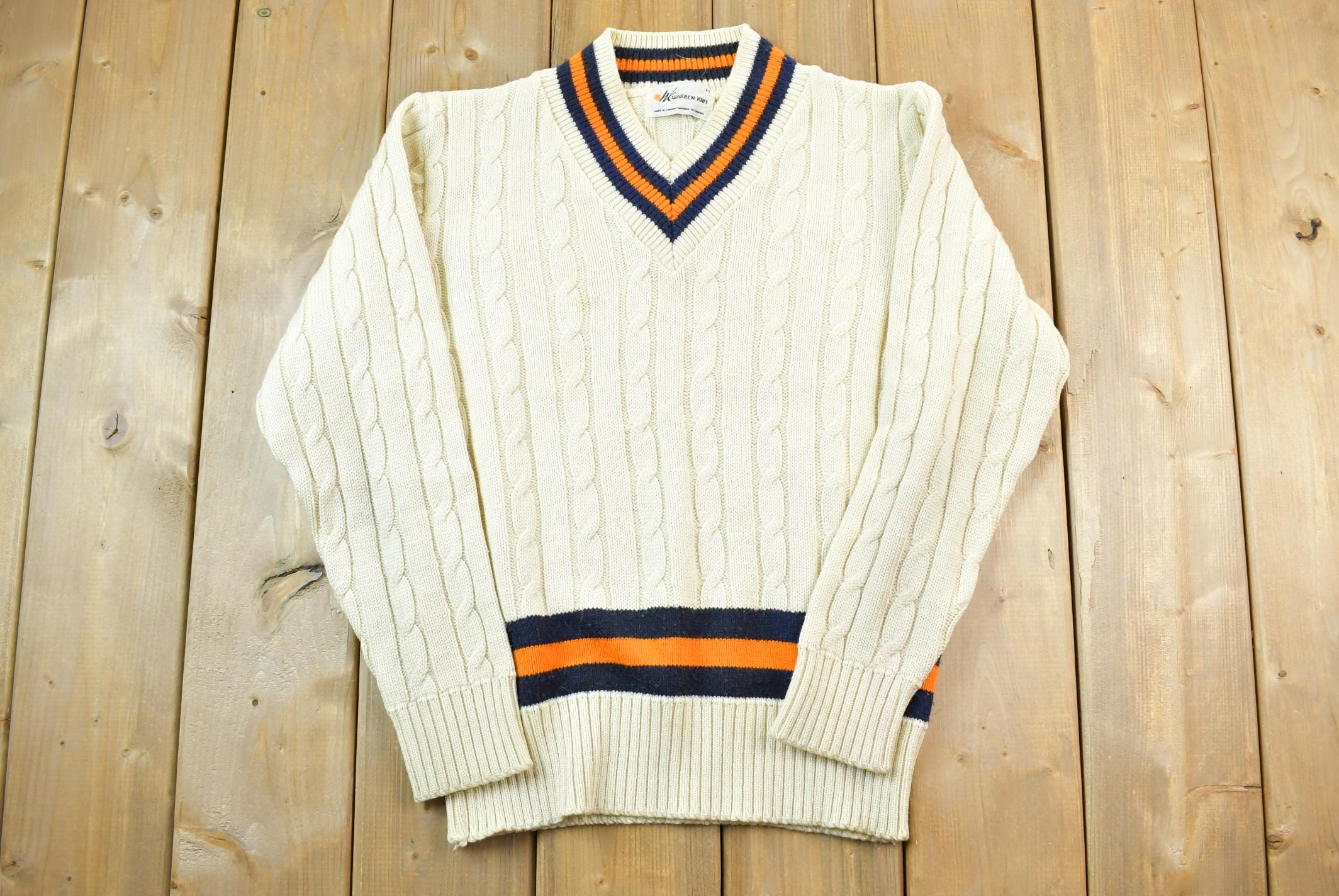 Vintage 1980s Warren Knit 3D Coloured Cable Knit V Neck Sweater 