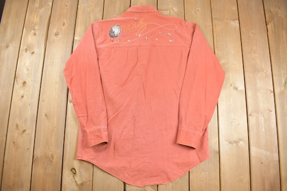 Vintage 1980s Orvis Blank Peach Button Up Shirt /… - image 3