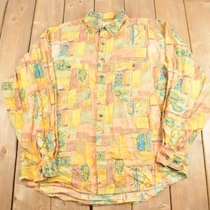 Vintage 1980s Tussah Silk Button Up Shirt / 100% Washable Silk / Abstract Pattern / Formal Shirt / Colorful / Picaso Style