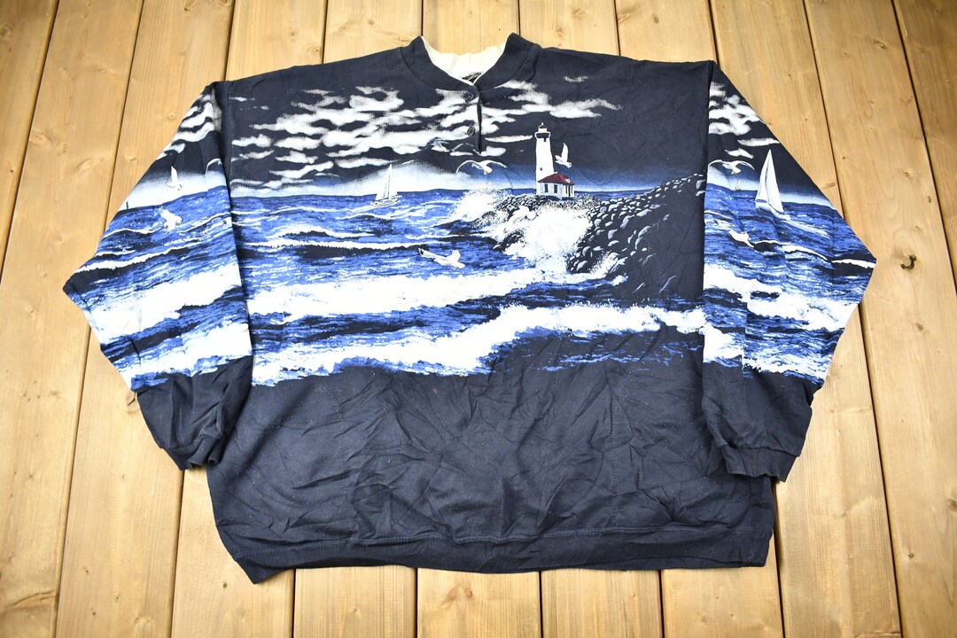 80'S LLBean all-over print henley-neck wool Tyrolean sweater, made in the USA, women's XL size vintage /eaa379762