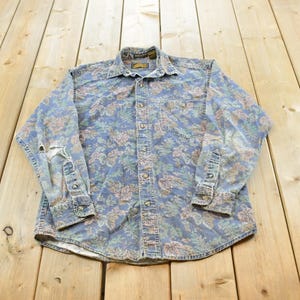 Camicia vintage anni '90 Eddie Bauer Elkhorn Twill con stampa a foglie autunnali, stile outdoor, con bottoni, taglia M da uomo / Streetwear anni '90 / Made in USA