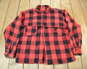 Vintage 1960s Buffalo Plaid Button Up Flannel Shirt / 90s Flannel / Made In Canada / Outdoorsman / Pure Wool / Distressed