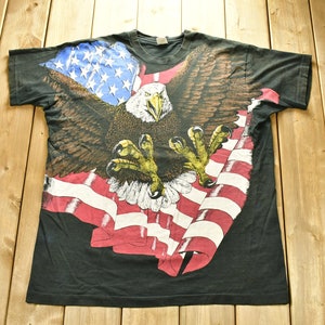Vintage 1990s USA Eagle American Graphic All Over Print T-Shirt / Single Stitch / Made In USA / 90s Graphic / Biker / Vintage Tee