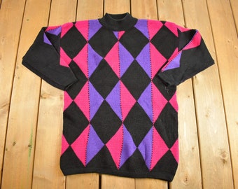 Vintage 1990s Stefano Argyle Color block Crewneck / Mock Neck / Streetwear / Pullover Sweatshirt / Essentials / Winter Theme