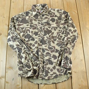 Vintage 1980s Sports Afield Camo Button Up Shirt / Vintage Camo Flannel / Duck Camo Button Up / Hunting Shirt / Preppy Button Up