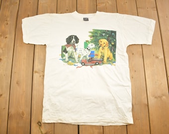 Vintage 1990s Christmas Morning Puppies Graphic T-Shirt / Animal Shirt / Single Stitch / Streetwear / Nature T Shirt / Outdoorsman / Dogs