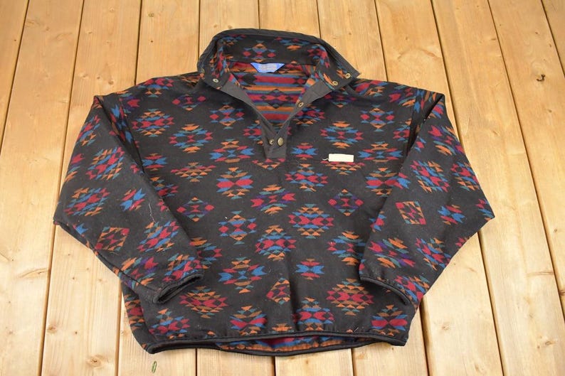 Vintage 1990s Pendleton Fleece Quarter Button Sweater Men's M / Geometric Abstract Pattern / 90s Pullover Hiking Sweatshirt image 1