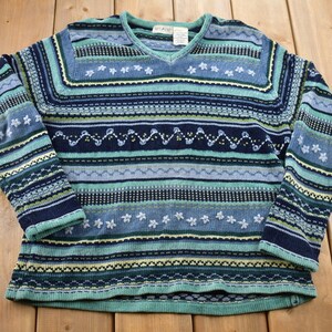 Vintage 1990-tals Blues Stag Stickad Patchwork Damtröja / Vintage 90-tals Rundkrage / Heltäckande Mönster / Sweatshirt / Abstrakt Grafik