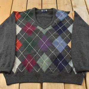 Vintage 1980s Lands End Argyle Wool Knit V Neck Sweater Men's L / Vintage 80s Crewneck / All Over Print / Made in Ireland