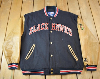 Vintage 1990s Chicago Blackhawks NHL Wool & Leather Starter Jacket / Size Large / Embroidered / Patchwork