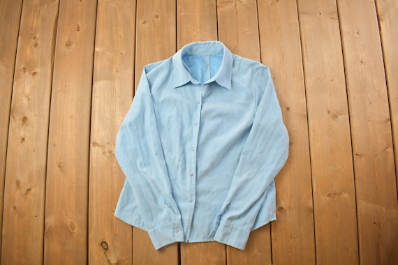 Vintage 1990s Blank Blue Button Up Shirt / 1990s … - image 1