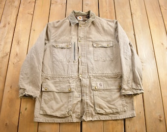 Vintage 1990s Carhartt Beige Ranch Coat / Workwear / Vintage Carhartt / Distressed Carhartt / Blanket Lined / Made In USA