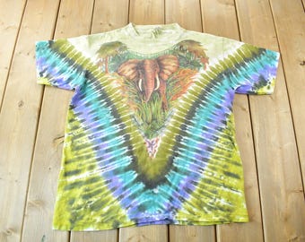 Vintage 1990 Liquid Blue Elephant Graphic All Over Print Tie Dye T Shirt / Single Stitch T-Shirt / Streetwear / Made In USA