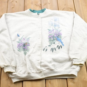 Vintage 1990s Floral Theme Button Up Sweater / 90s Crewneck / Grandma Sweater / Streetwear / Made In USA / Floral Theme / Animal Theme