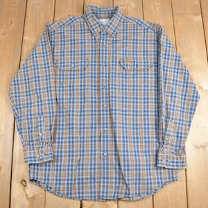 Vintage 1990s Carhartt Plaid Button Up Shirt / 1990s Button Up / Vintage Workwear / Blue Orange Flannel / 90s Workwear