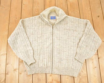 Vintage 1990s Pendleton Wool Cable Knit Zip Up Crewneck Sweater Men's XXL / 90s Knitted Sweatshirt / Vintage Preppy Knits