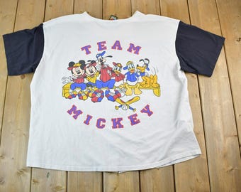Vintage 1990s Team Mickey Disney Cartoon Baseball Promo Button Up T-Shirt Made In USA / 90s Graphic Tee / Vintage Mickey Mouse