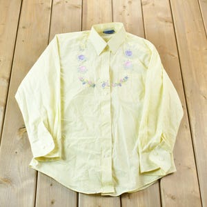 Camisa vintage bordada de los años 80 / Camisa a rayas con botones / Flores bordadas