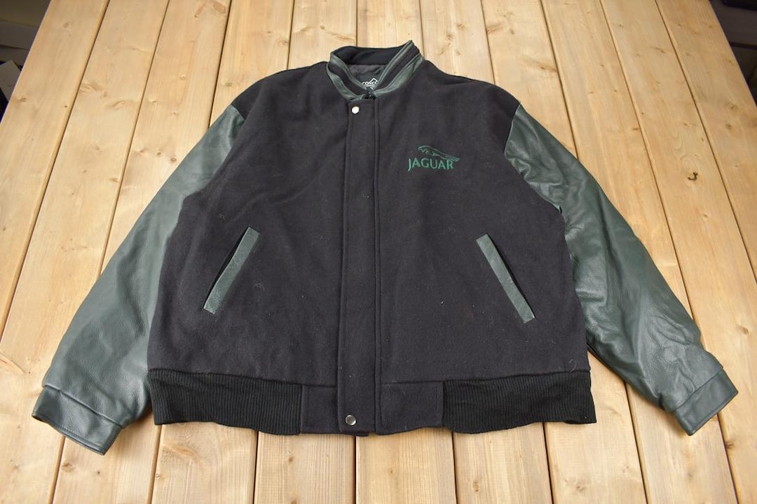 Vintage 1990s Jaguar Embroidered Leather & Wool Jacket Made