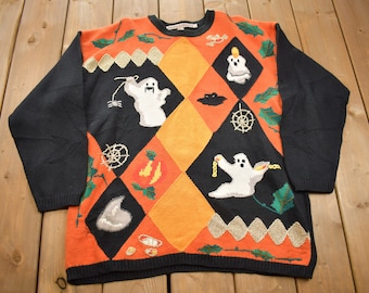Vintage 90s Halloween Ghost Graphic Knit Sweater / 90s Holiday Sweater / Fall Wear / Festive Graphic / Spooky Sweater / Festive Knit
