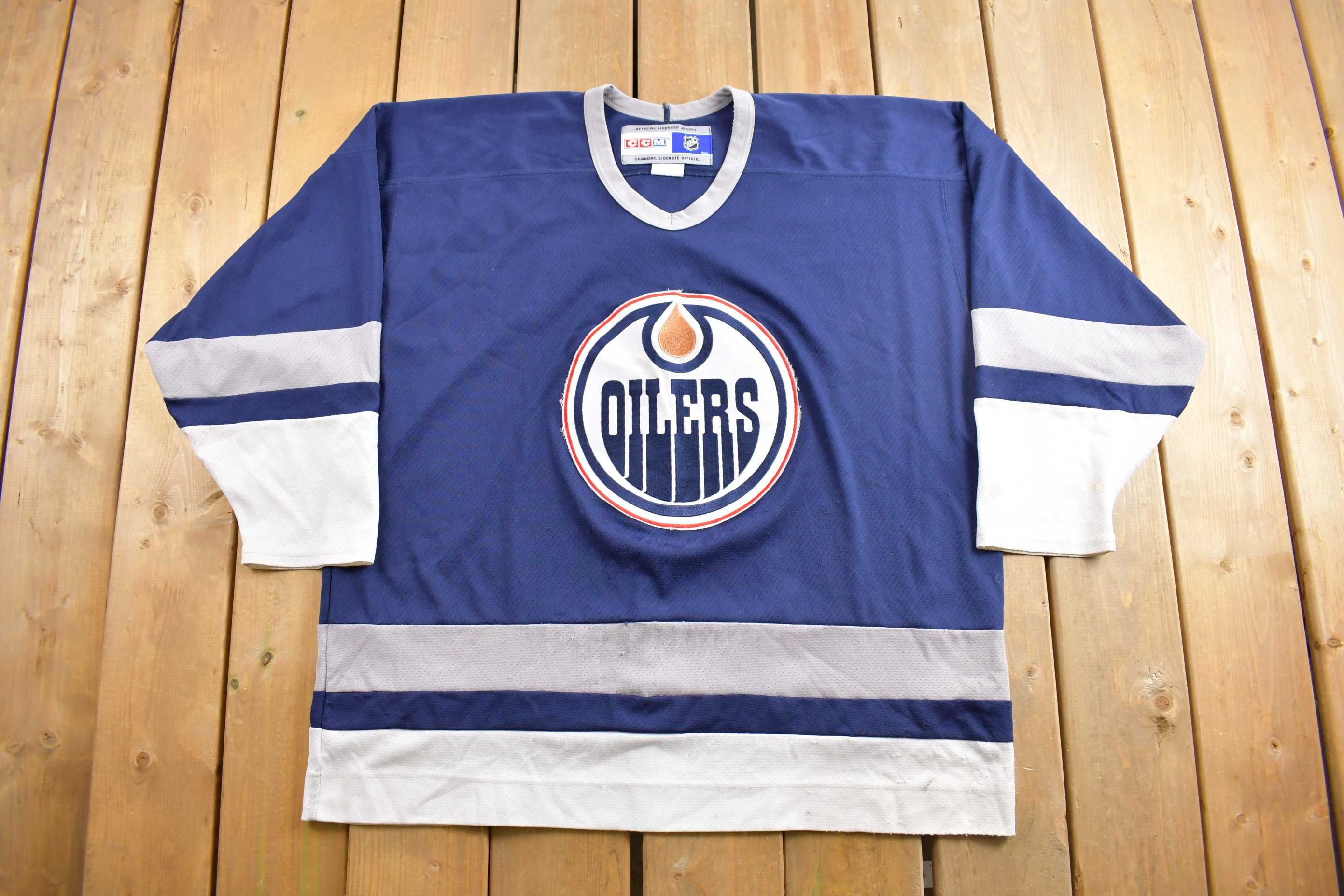 Vintage CCM Edmonton Oilers Jersey Mens Extra Large Blue Ice Hockey Retro  90s