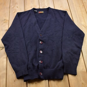 Vintage 1990s Blank Navy Blue Knitted Cardigan Sweater / Vintage Cardigan / Button Up / Abstract Pattern / Made In USA / Wear Dated