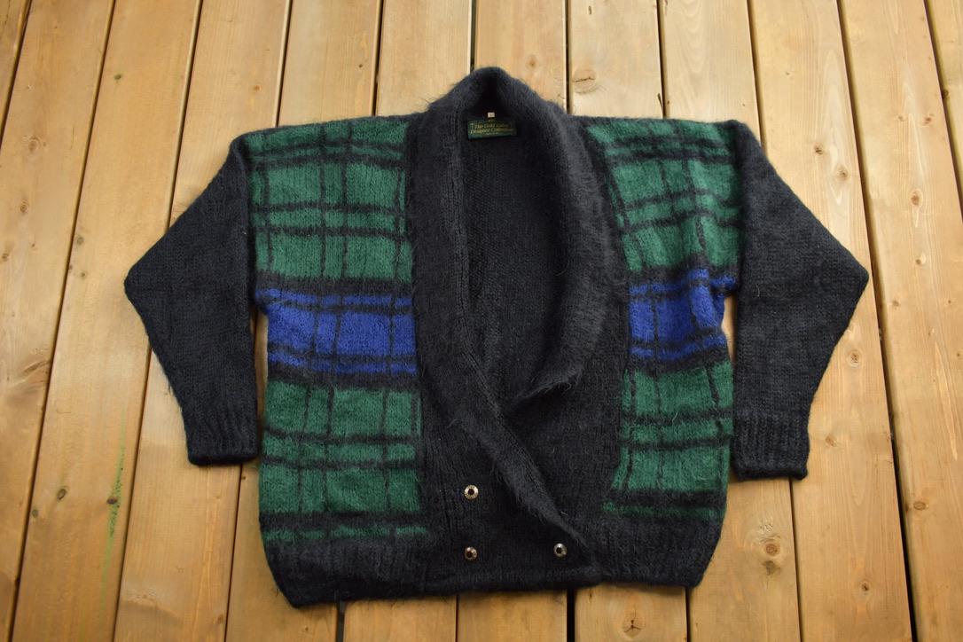 Vintage 1980s The Gold Label Mohair Sweater / Vintage 80s Cardigan / Mohair Sweater / Hand Knit / Plaid Cardigan / Mohair Knit / Shawl Style