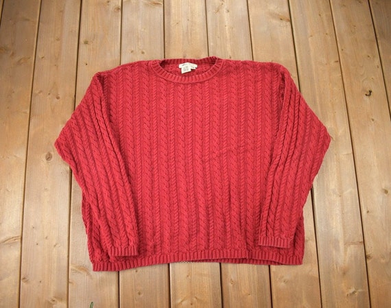 Vintage 1990s Eddie Bauer Red 3D Cable Knit Crewneck Sweater 