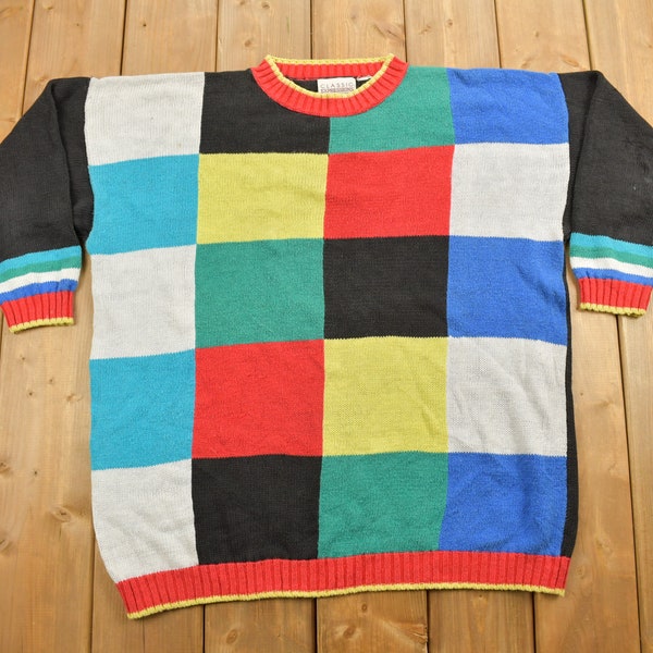Vintage 1990s Color Block Knitted Color Block Crewneck Sweater / 90s Crewneck / All Over Pattern / Colorful / Sweatshirt / Abstract Pattern