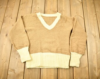 Vintage 1970s Knitted V-Neck Sweater / True Vintage /Beige And Brown / Sweatshirt / Abstract Pattern / 70s Sweater