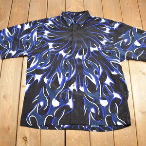 Vintage 1990s All Over Print Flame Graphic Button Up T-Shirt Flames Graphic / Y2K Style / Streetwear / All Over Print