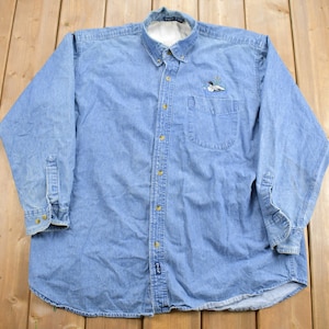 Vintage 1990s Enza Embroidered Duck Button Up Shirt / 1990&#39;s Button Up / 90s Denim Shirt / Casual Wear / Workwear