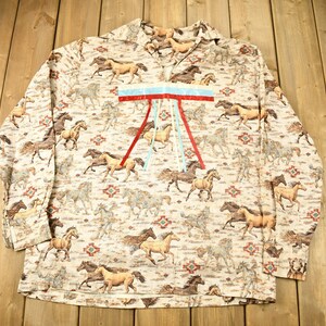 Vintage 1990er Jahre Western Style Pullover mit Pferde Grafik / Azteken Muster / Western Style Pullover / Western Shirt