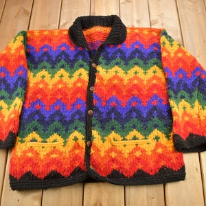 Vintage 1980s Chunky Knit Colorful Cardigan Sweater / Vintage Cardigan / Button Up / Abstract Pattern