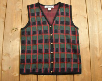 Vintage 1990s Crystal Lobe Abstract Knit Cardigan Sweater Vest / Cardigan / Vintage Vest / Pattern Sweater / Outdoor / Button Up / V Neck